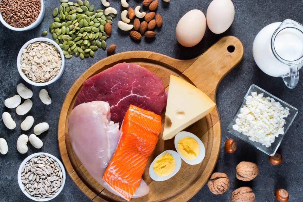 High protein food as meat, fish, dairy, eggs, buckwheat, oatmeal, nuts, bean, pumpkin seed and sunflower seed. 