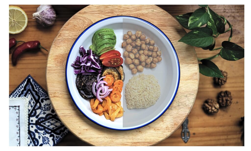 The plate  method : plant-based proteins, whole grains, fruits and vegetabes