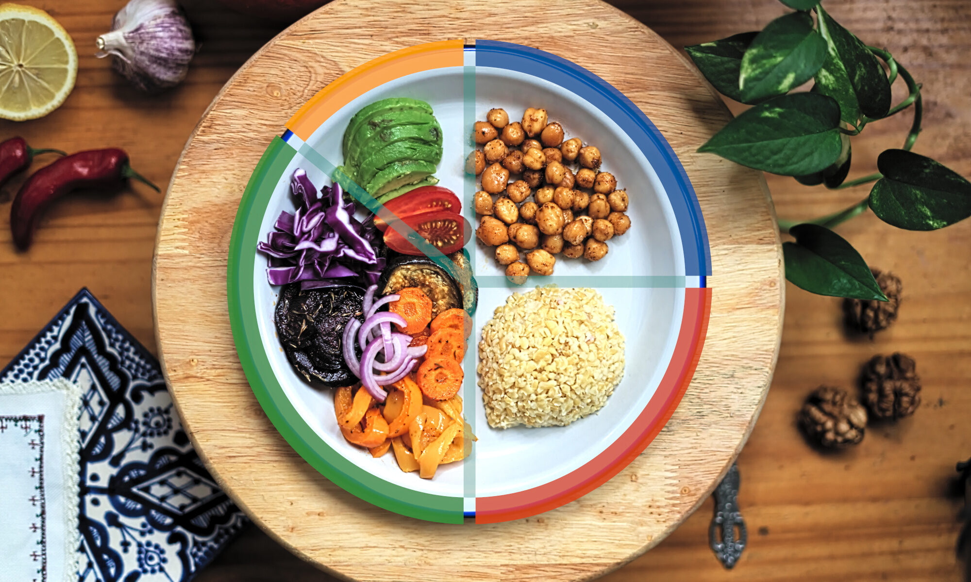 JustaPlate Meal Tracker App Header image with avocado, vegetables mix, chickpeas and brown rice