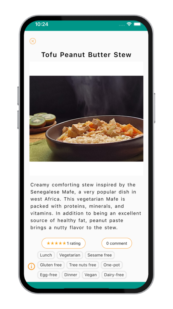 JustaPlate app - Tofu Peanut Butter Stew recipe screen