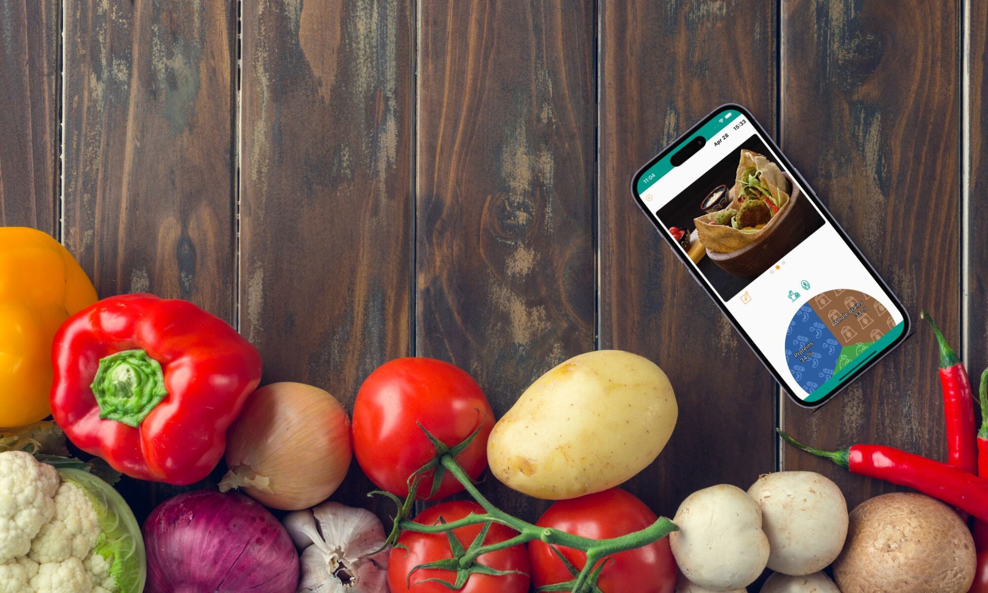 A smartphone displaying the JustaPlate food diary app laying alongside an assortment of vibrant fresh vegetables.