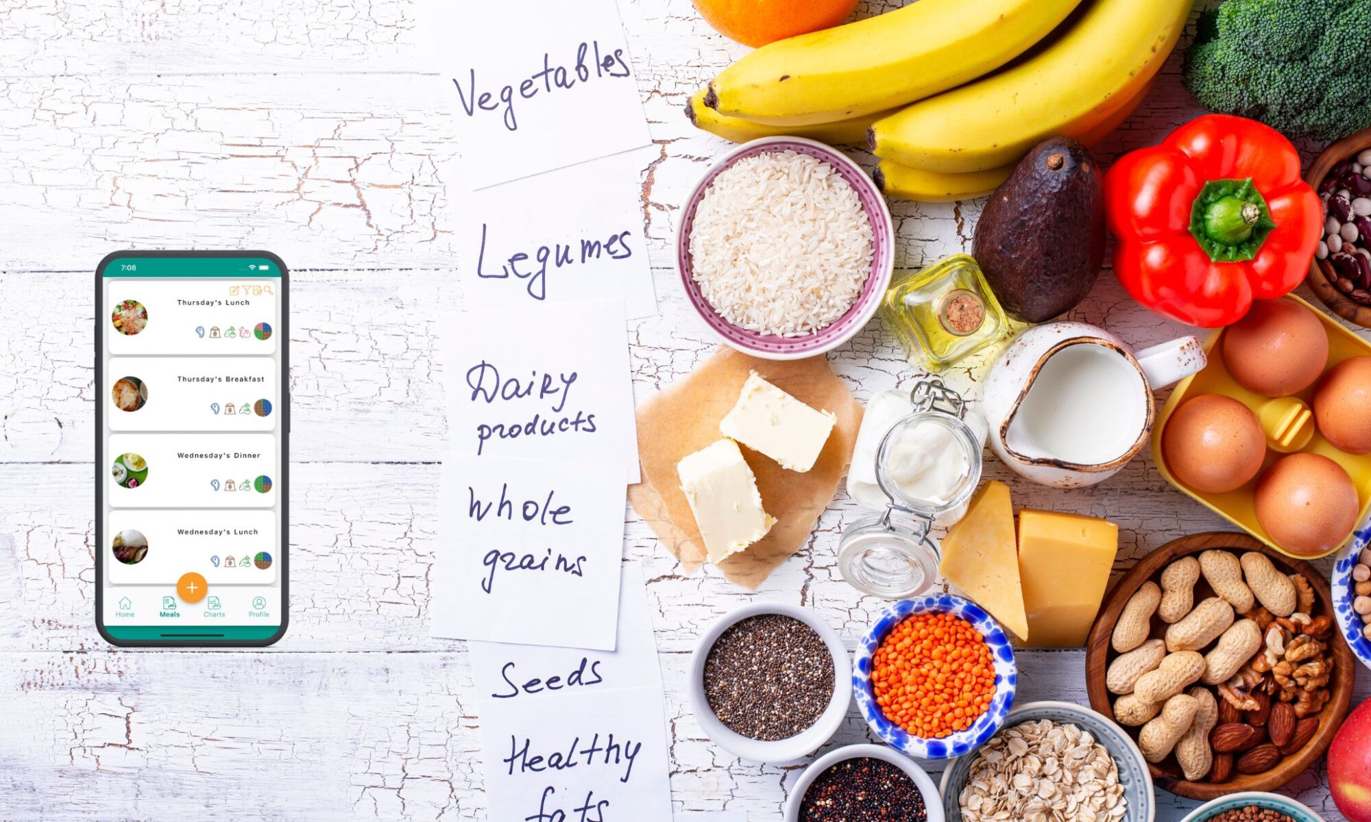 A smartphone showcasing the JustaPlate meal tracker app alongside a vibrant assortment of nutritious foods, each labeled with their respective category: vegetables, legumes, dairy products, whole grains, seeds, and healthy fats.