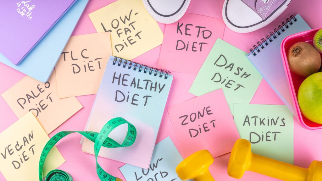 A collection of stickers featuring the names of various dietary approaches some of which are sustainable diets