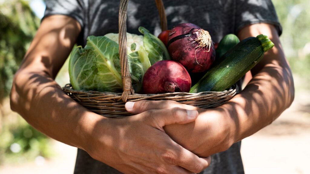 A person holding a basket of vegetables
