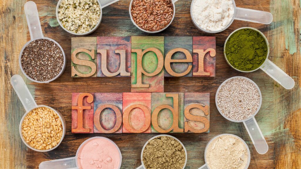 set of foods labeled superfood